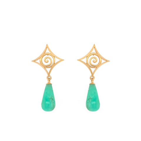 Chrysoprase Cabochon Drop Gratitude Spiral Post Earrings  24k Gold Vermeil