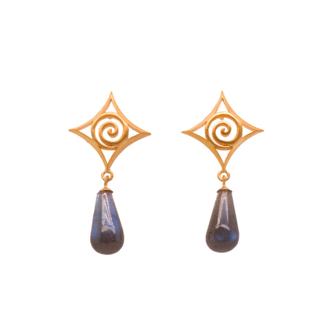 Labradorite Cabochon Drop Gratitude Spiral Post Earrings  24k Gold Vermeil