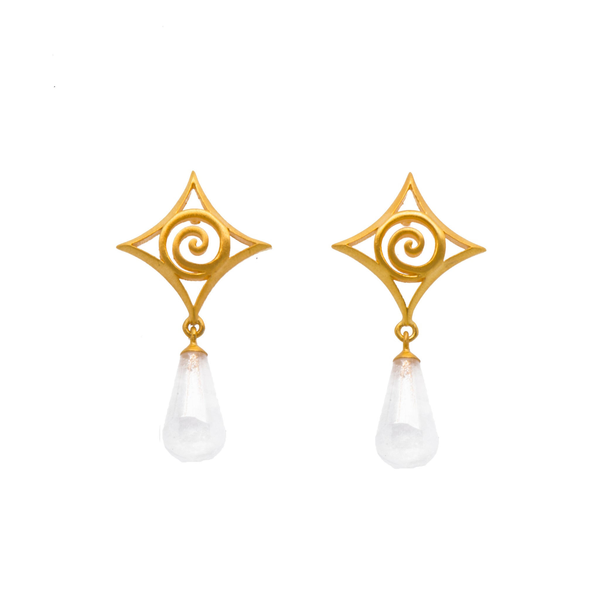 Rainbow Moonstone Cabochon Drop Gratitude Spiral Post Earrings 24k Gold Vermeil