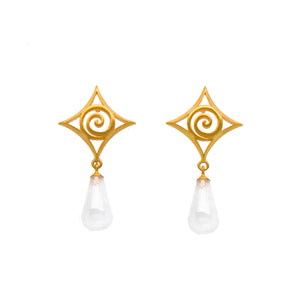 Rainbow Moonstone Cabochon Drop Gratitude Spiral Post Earrings 24k Gold Vermeil
