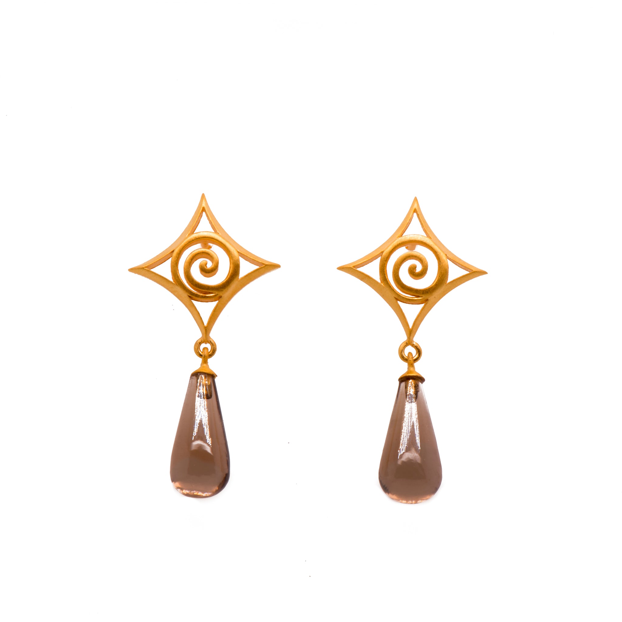 Gratitude Cabochon Drop Smoky Quartz Post Earrings 24K Gold Vermeil