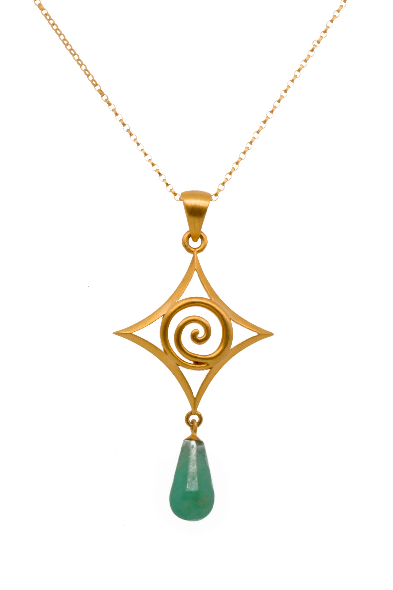 Gratitude Spiral Cabochon Drop Chrysoprase Pendant Necklace 24K Gold Vermeil