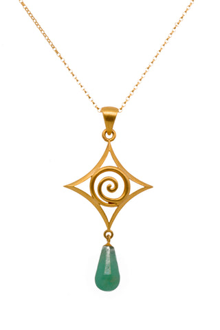 Gratitude Spiral Cabochon Drop Chrysoprase Pendant Necklace 24K Gold Vermeil