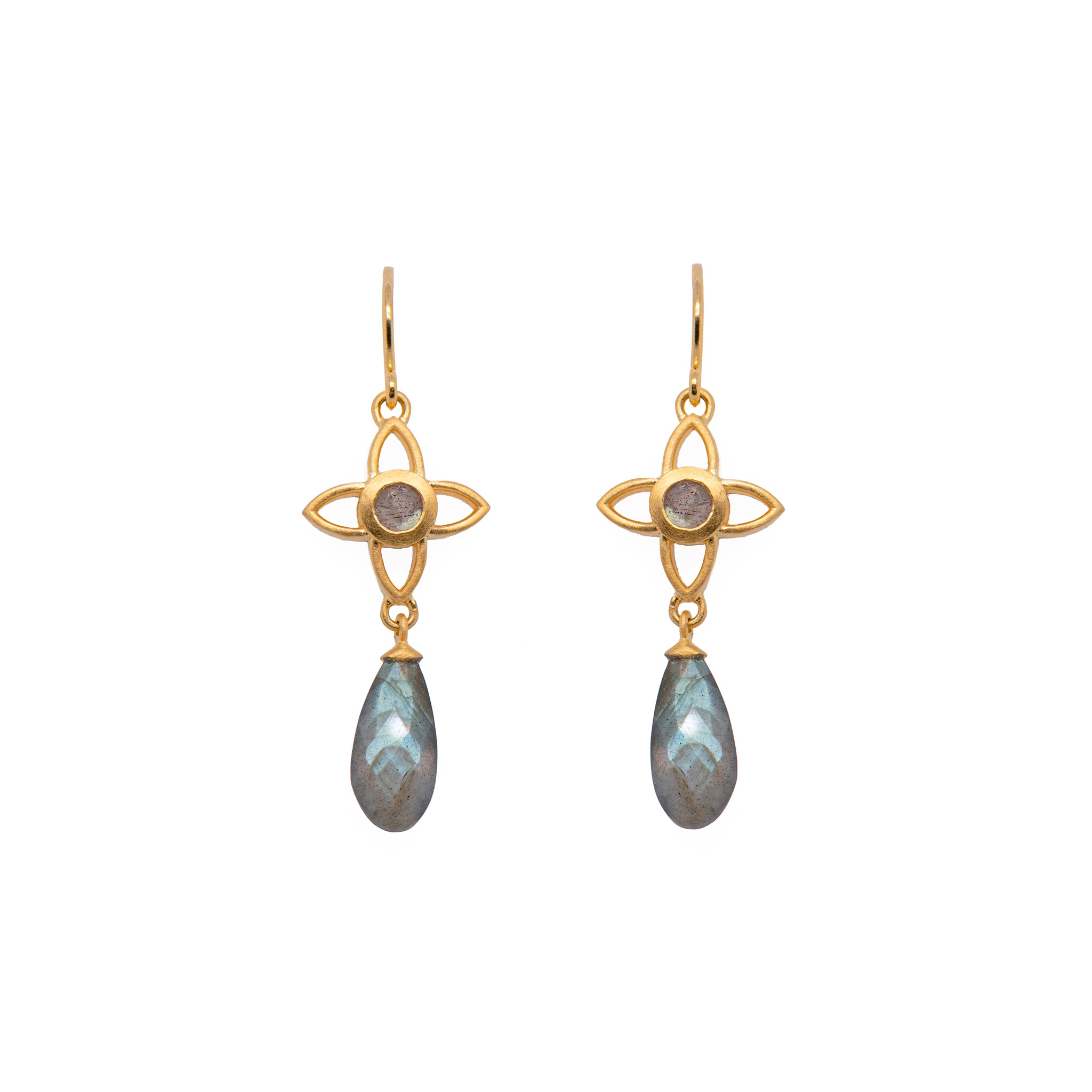 Labradorite Joy Flower Earrings 15MM Drop 24K Gold Vermeil