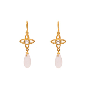 JOY FLOWER EARRINGS 15MM WITH MATTE ROSE QUARTZ DROP 24K GOLD VERMEIL - Joyla Jewelry