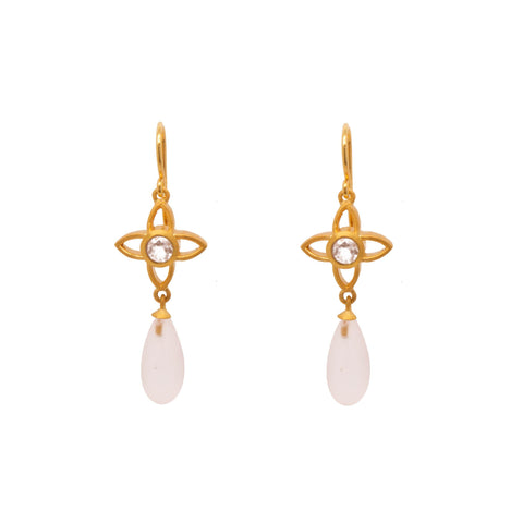 JOY FLOWER EARRINGS 15MM WITH MATTE ROSE QUARTZ DROP 24K GOLD VERMEIL - Joyla Jewelry