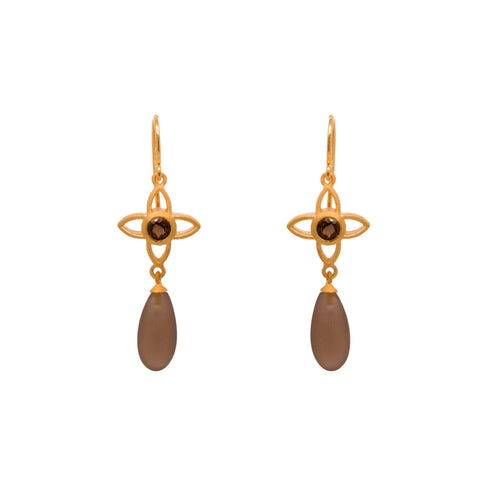 JOY FLOWER EARRINGS 15MM WITH MATTE SMOKY QUARTZ DROP 24K GOLD VERMEIL - Joyla Jewelry