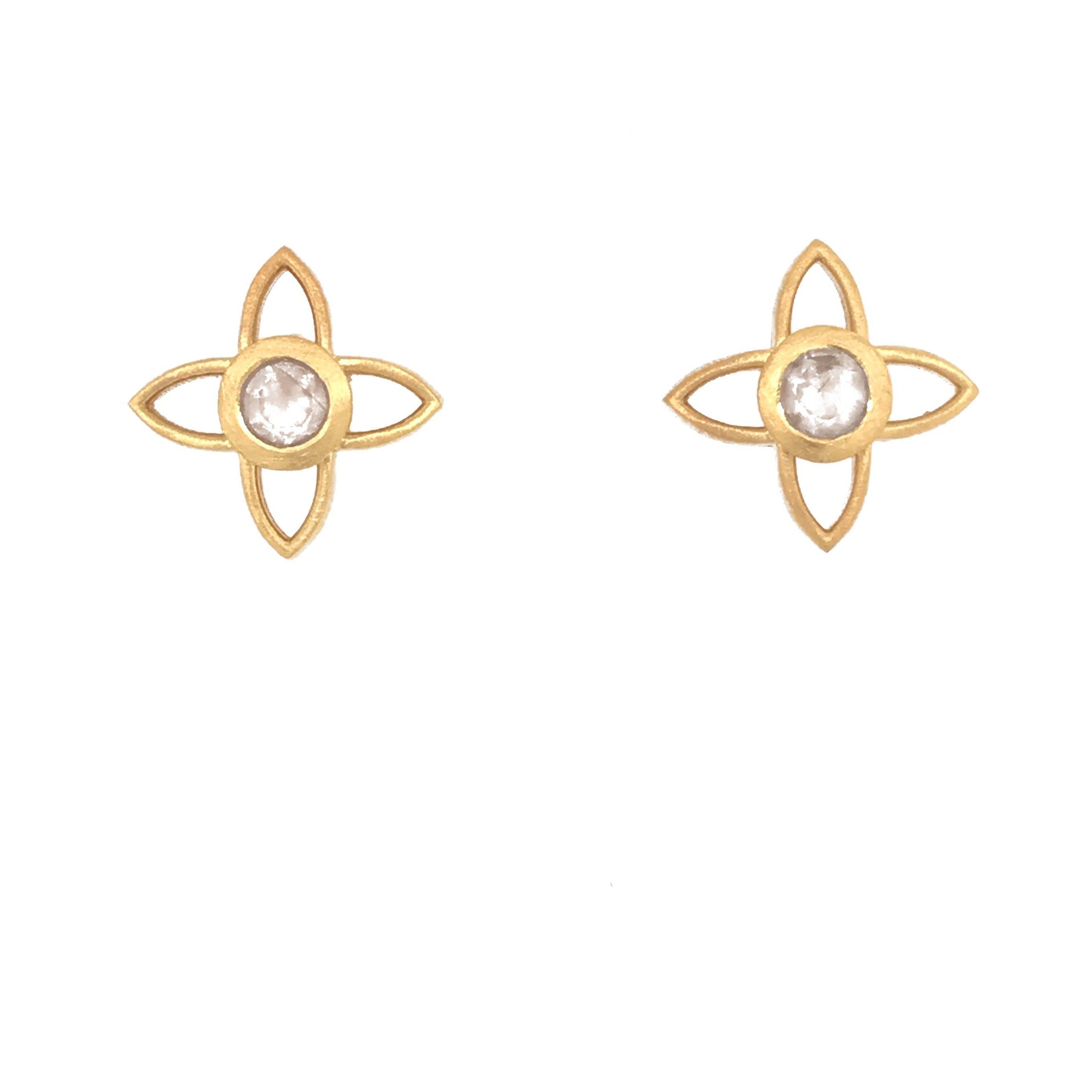 JOY FLOWER EARRINGS 15MM RAINBOW MOONSTONE POST 24K GOLD VERMEIL - Joyla Jewelry