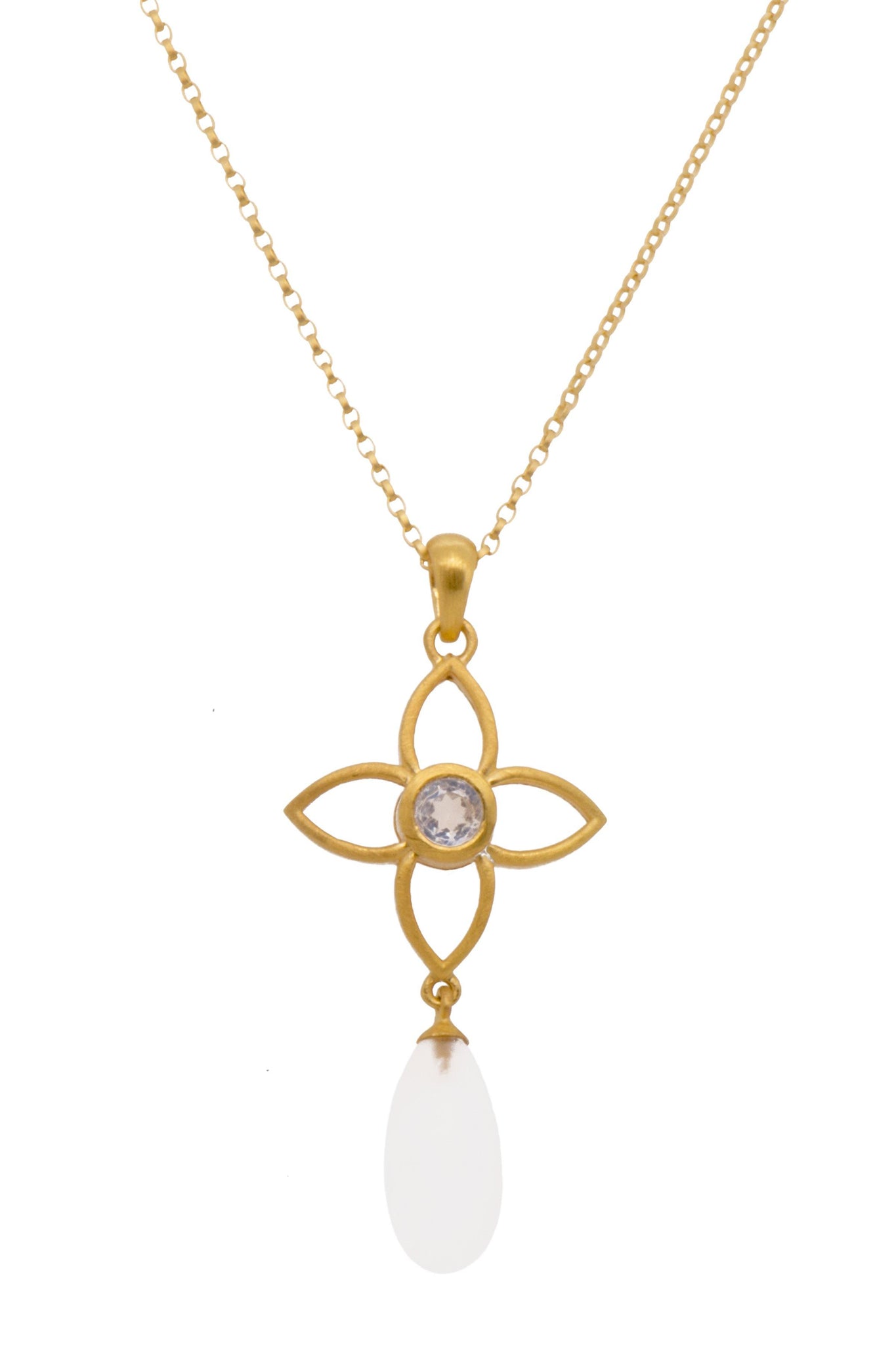 JOY FLOWER PENDANT 20MM WITH DROP RAINBOW MOONSTONE MATTE 24K GOLD VERMEIL - Joyla Jewelry