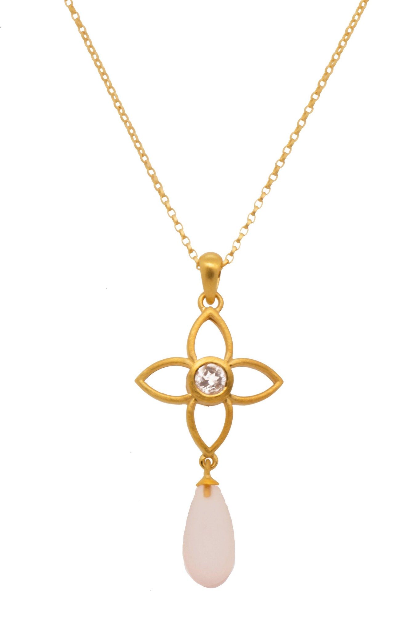 JOY FLOWER PENDANT 20MM WITH DROP ROSE QUARTZ MATTE 24K GOLD VERMEIL - Joyla Jewelry