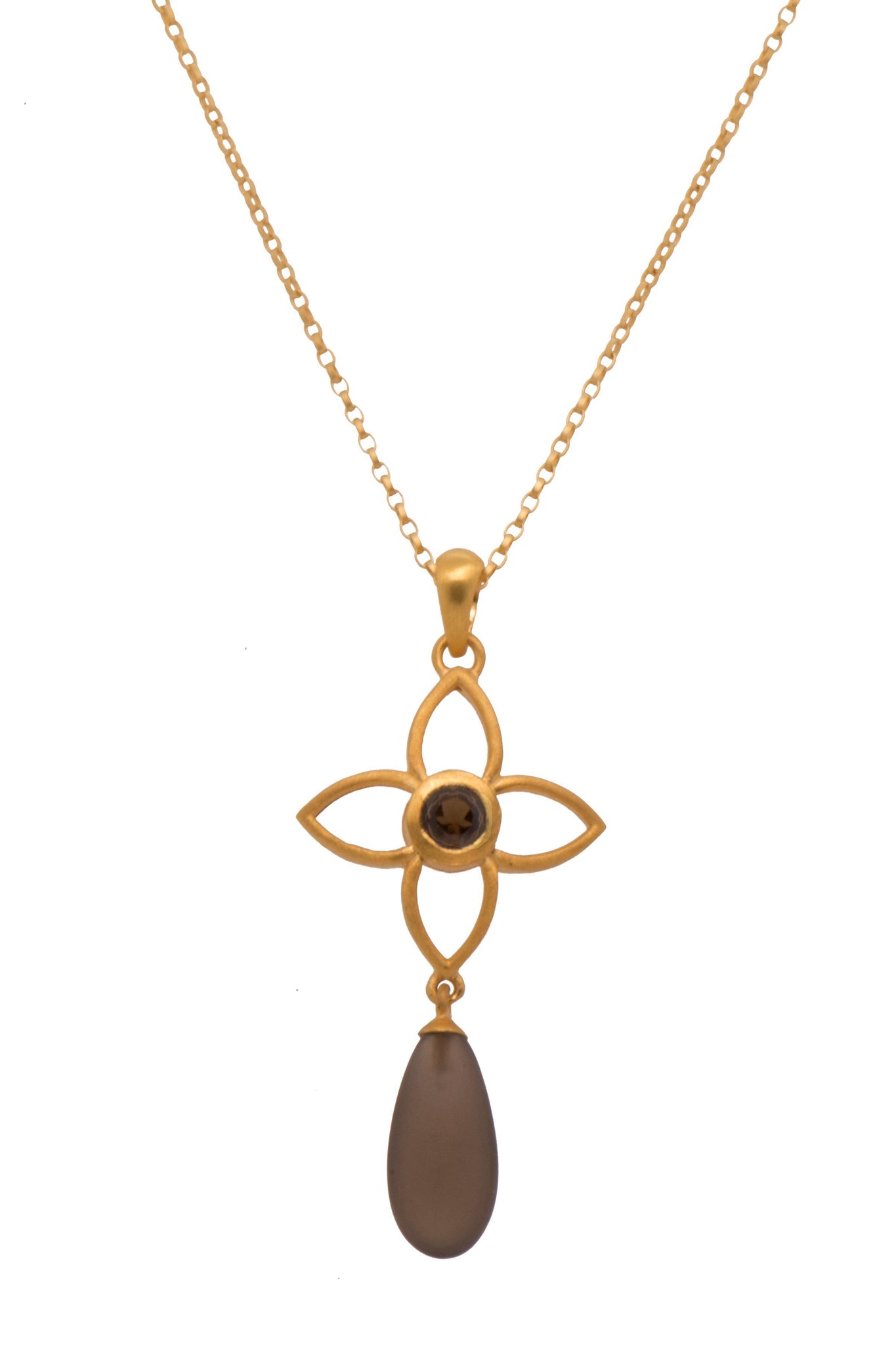 JOY FLOWER PENDANT 20MM WITH DROP SMOKY QUARTZ MATTE 24K GOLD VERMEIL - Joyla Jewelry