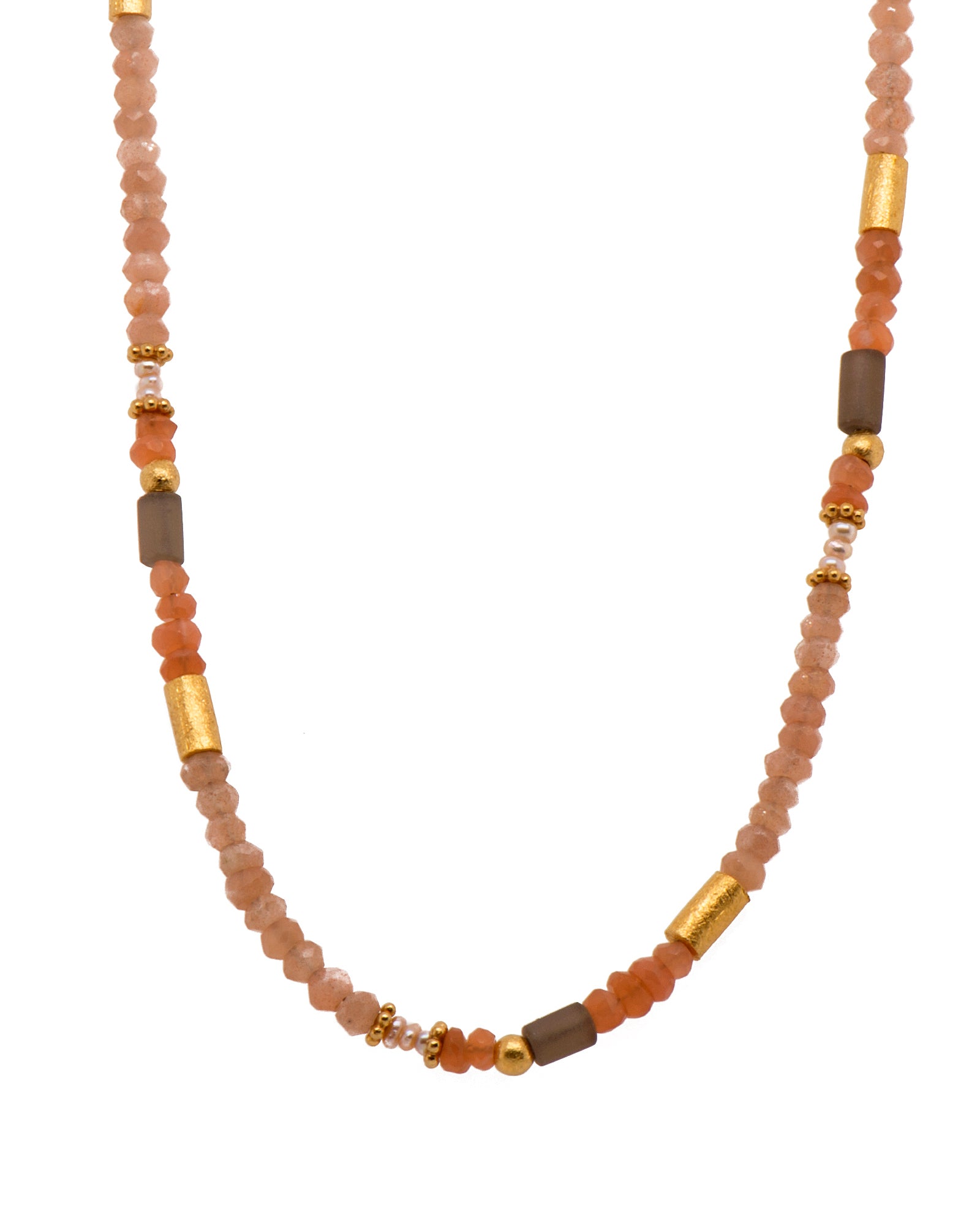 Peach Moonstone, Smoky Quartz, and Natural Pearl Necklace 24K Fair Trade Gold Vermeil
