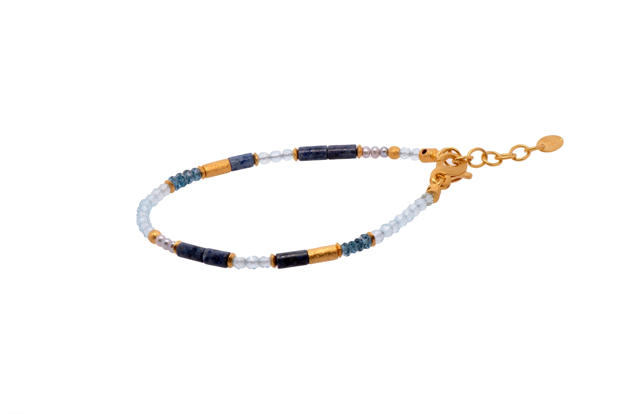 Dumortierite, Sky Blue Topaz, London Blue Topaz, and Pearl Bracelet Fair Trade 24K Gold Vermeil