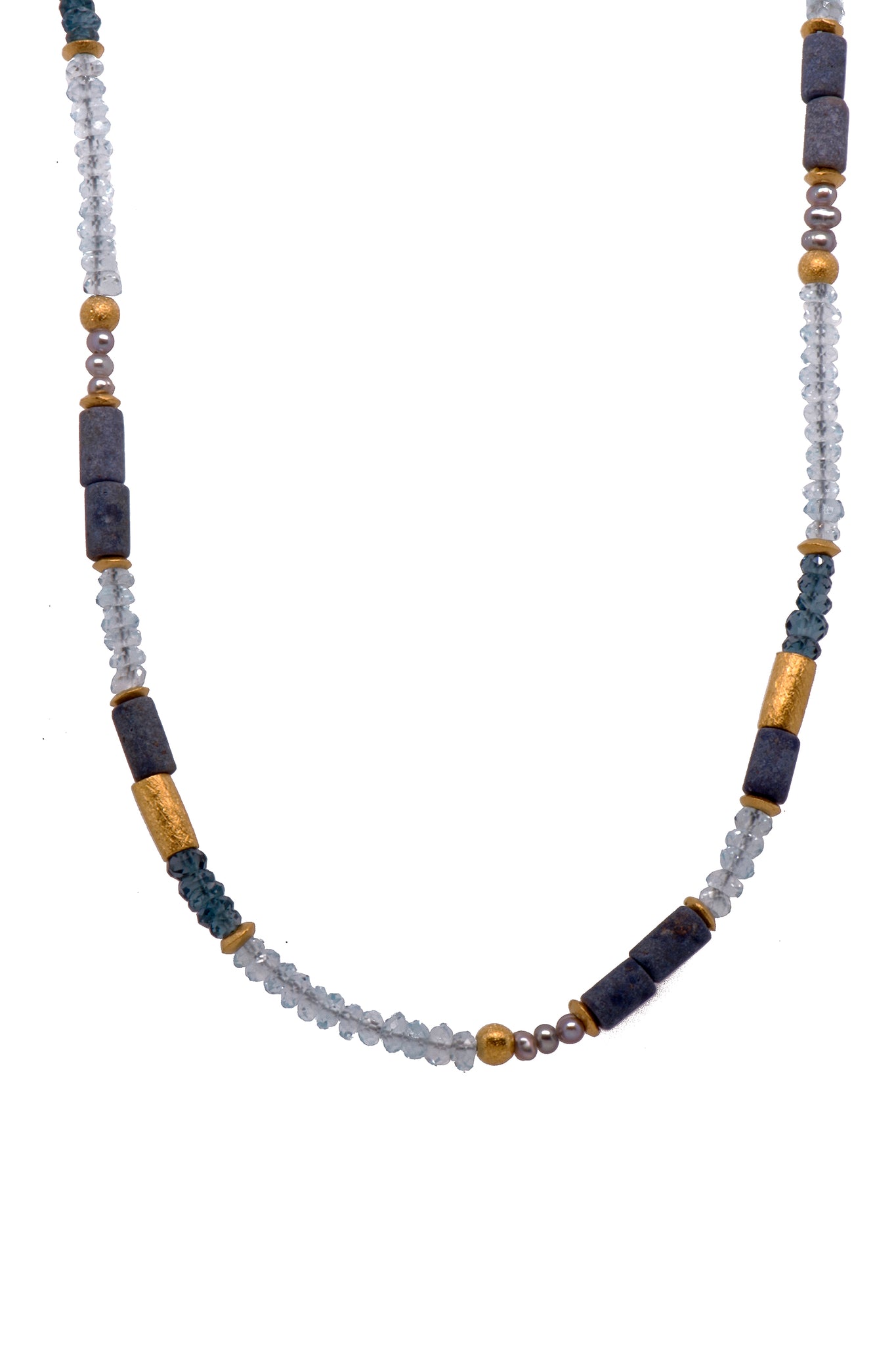 Dumortierite, Sky Blue Topaz, London Blue Topaz, and Pearl Necklace Fair Trade 24K Gold Vermeil