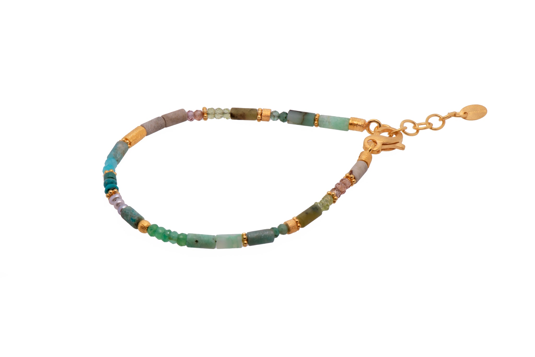 Chrysoprase, Amazonite , Jasper, Emerald, Prehnite, Peridot, Zircon, Turquoise, Chrysocolla, and Pearl Bracelet Fair Trade 24K Gold Vermeil
