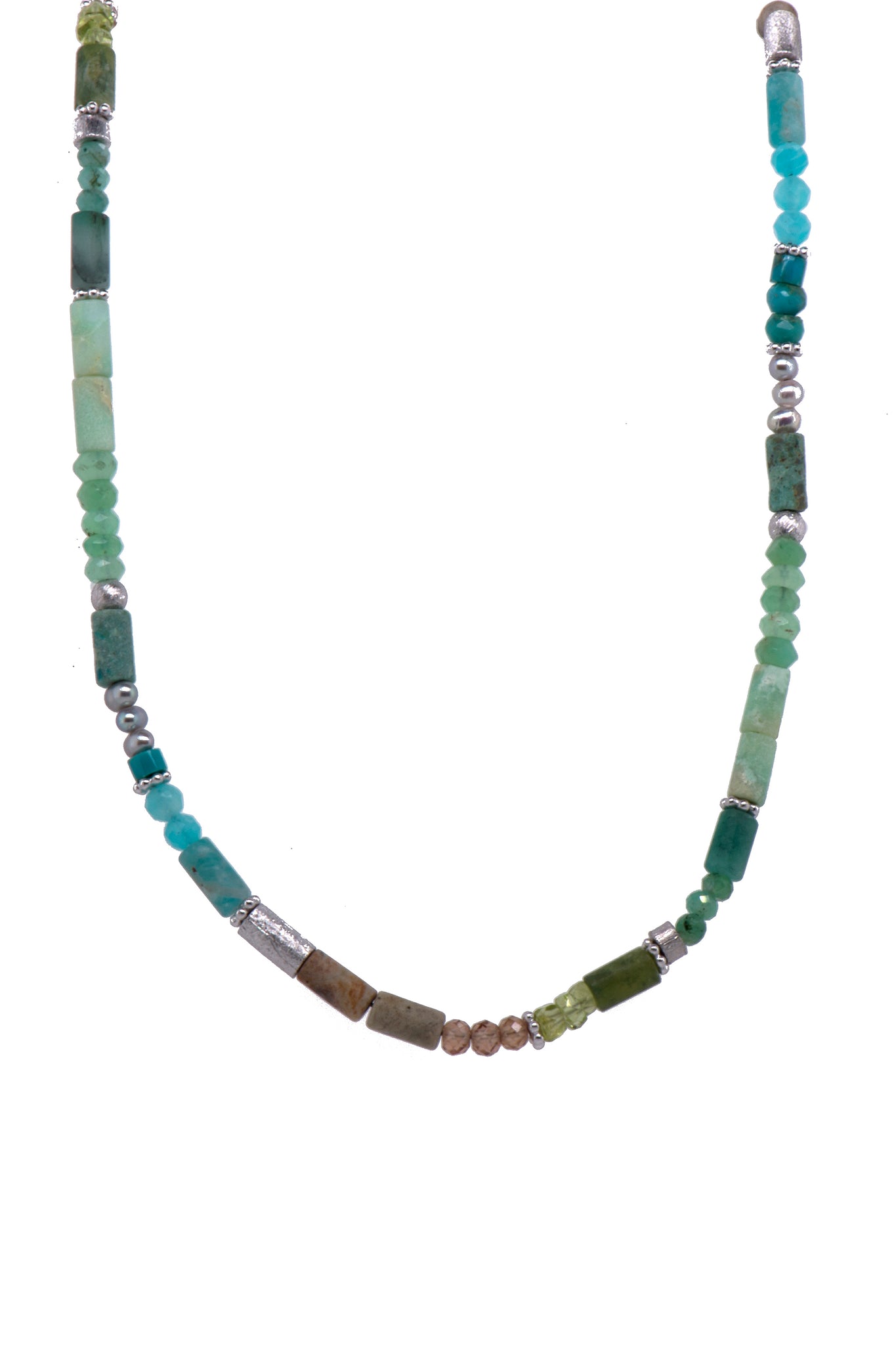 Chrysoprase, Amazonite, Jasper, Emerald, Prehnite, Peridot, Zircon, Turquoise, Chrysocolla, and Pearl Necklace Rhodium Plated Silver