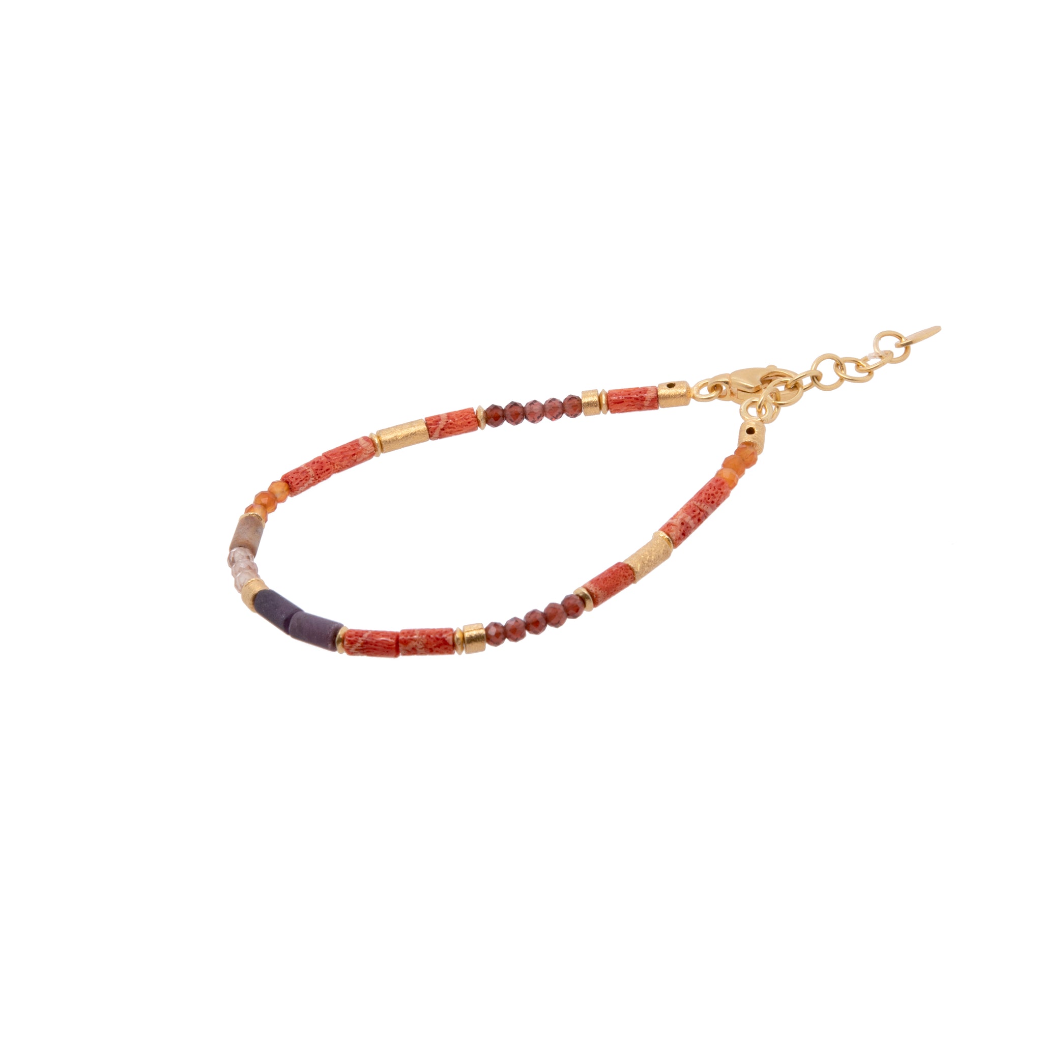 BRACELET-CORAL, CARNELIAN, GARNET, RUBY, JASPER AND ZIRCON 24K FAIR TRADE GOLD VERMEIL