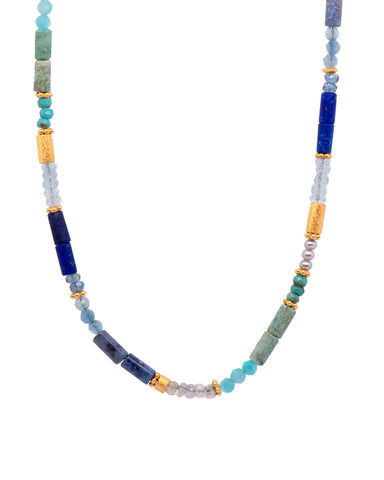 Turquoise, Pearls, Lapis, Zircon, Chrysocolla , Dumortierite, Labradorite, and Sky Blue Topaz Necklace 24K Fair Trade Gold Vermeil