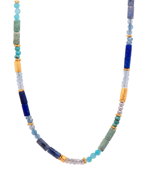 Turquoise, Pearls, Lapis, Zircon, Chrysocolla , Dumortierite, Labradorite, and Sky Blue Topaz Necklace 24K Fair Trade Gold Vermeil