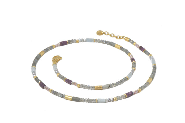 LABRADORITE, RUBY & NATURAL PEARL NECKLACE 3MM FAIR TRADE 24K GOLD VERMEIL - Joyla Jewelry