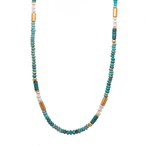 Turquoise and White Pearls Necklace 3mm 24K Fair Trade Gold Vermeil