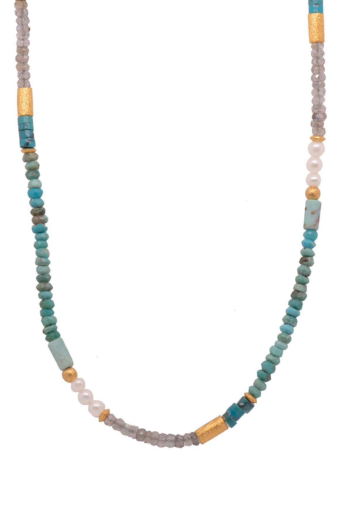 Turquoise, White Pearls , Labradorite, and Chrysocolla Necklace 24K Fair Trade Gold Vermeil