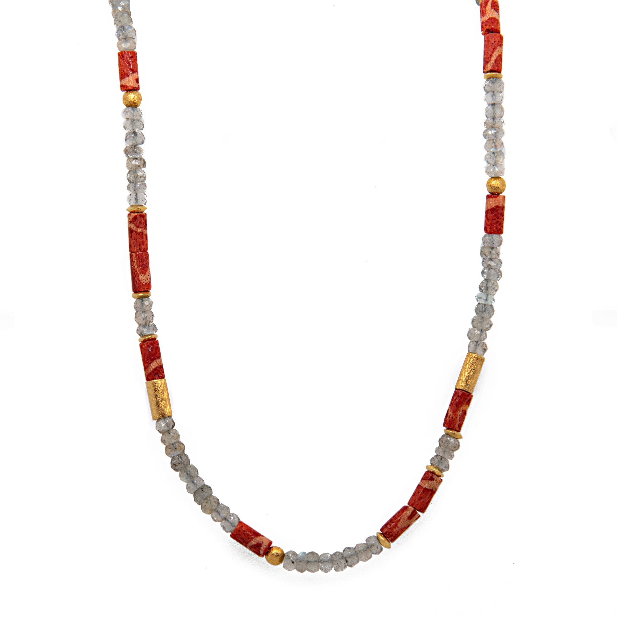 Coral and Labradorite Necklace 3mm 24K Fair Trade Gold Vermeil