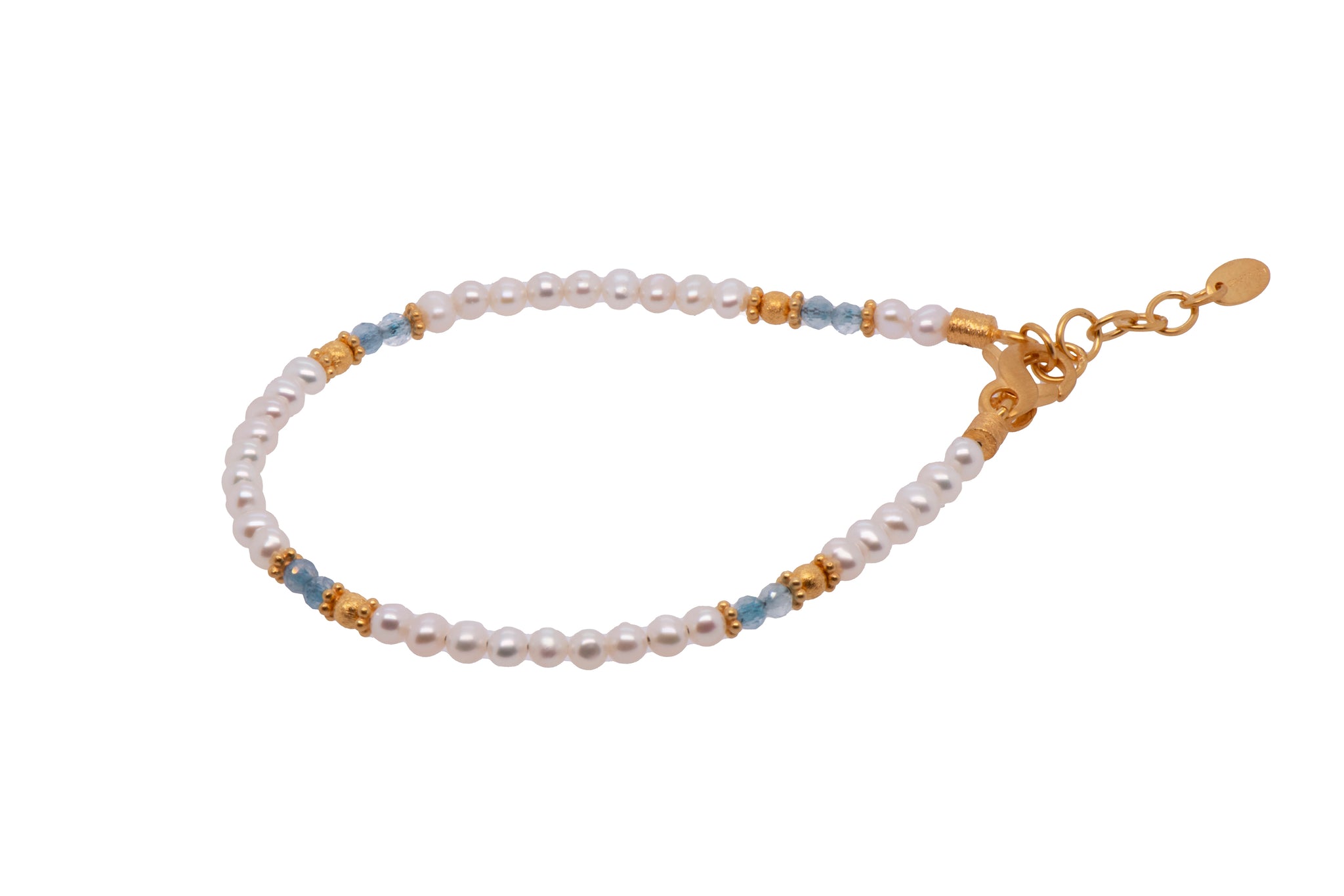 White Pearl and Aquamarine Bracelet Fair Trade 24K Gold Vermeil