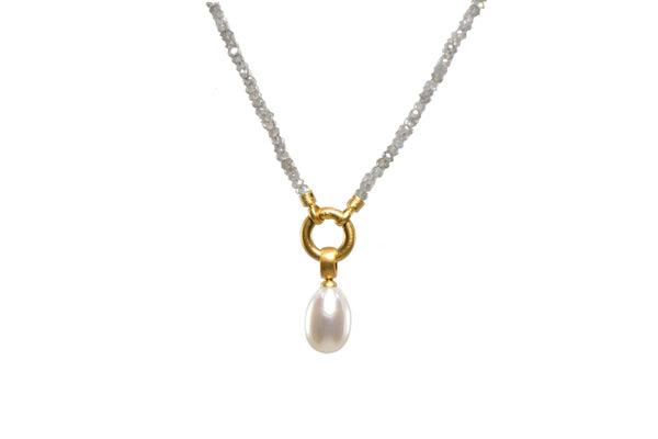 LABRADORITE 31.5" WHITE PEARL PENDANT 3MM 24K GOLD VERMEIL - Joyla Jewelry