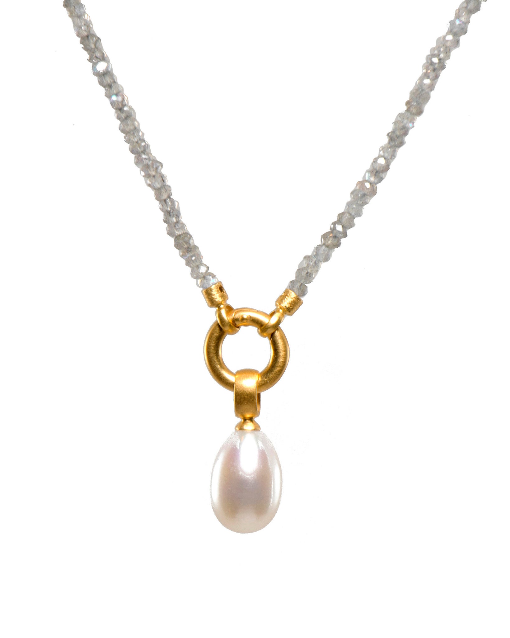 Labradorite 31.5" White Pearl Pendant 3MM 24K Gold Vermeil