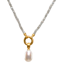 Labradorite 31.5" White Pearl Pendant 3MM 24K Gold Vermeil