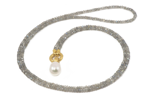 LABRADORITE 31.5" WHITE PEARL PENDANT 3MM 24K GOLD VERMEIL - Joyla Jewelry