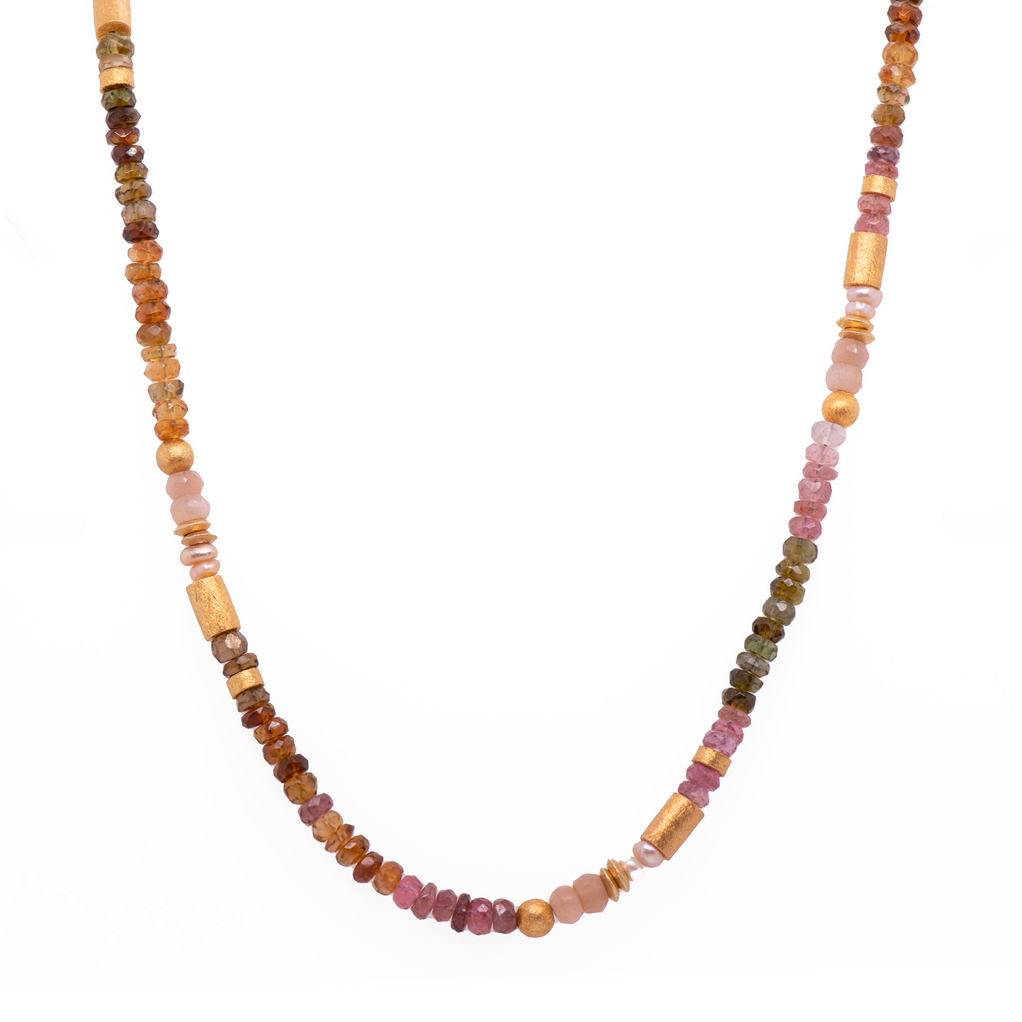 Tourmaline, Rainbow Moonstone And Pearl Necklace 24K Fair Trade Gold Vermeil