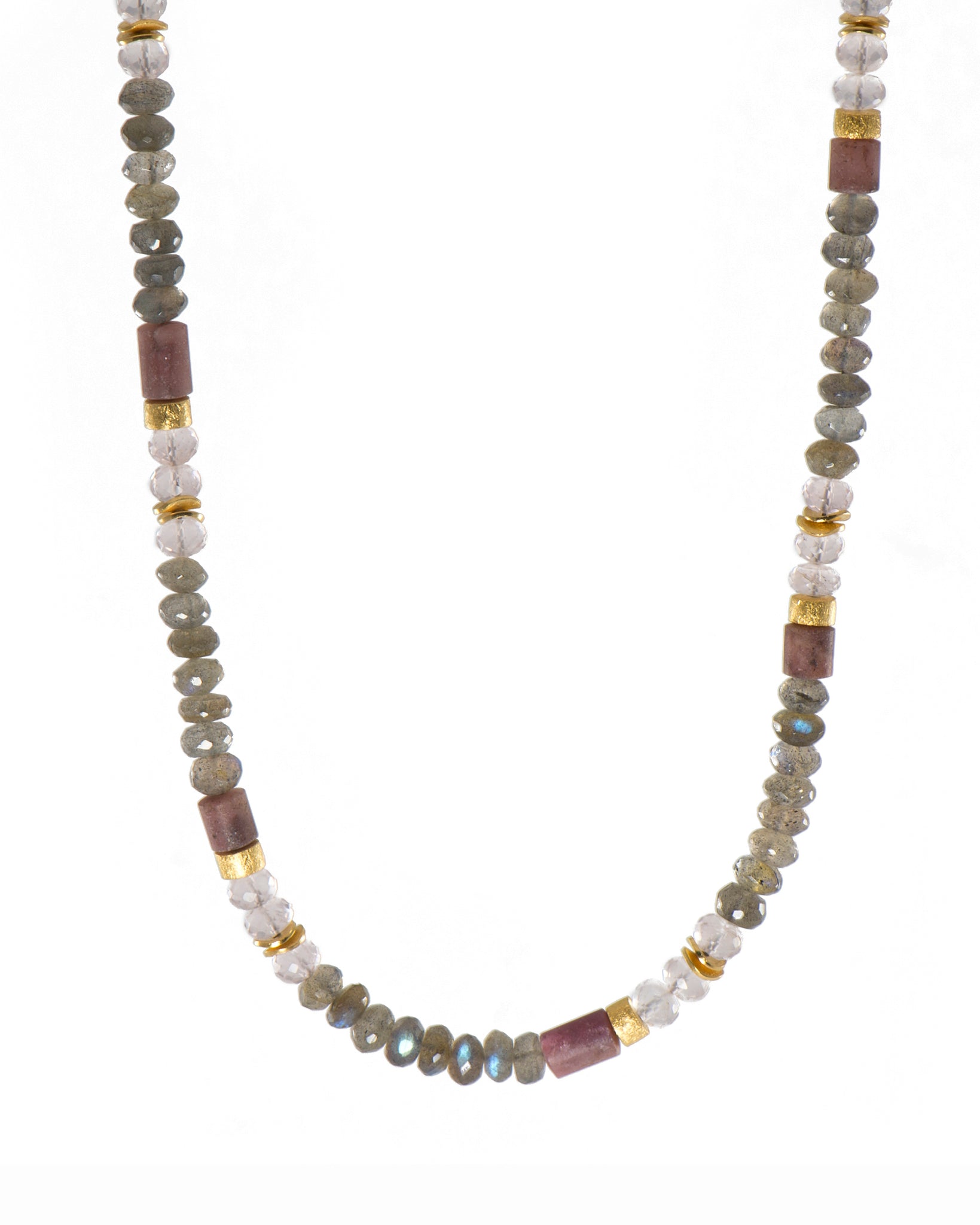 LABRADORITE, ROSE QUARTZ & RHODONITE NECKLACE 5MM FAIR TRADE 24K GOLD VERMEIL