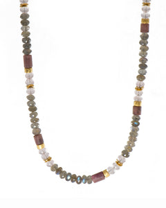 LABRADORITE, ROSE QUARTZ & RHODONITE NECKLACE 5MM FAIR TRADE 24K GOLD VERMEIL