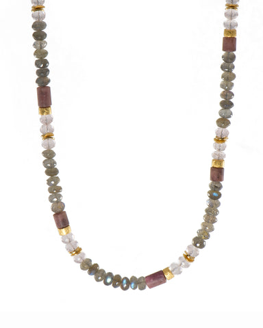 LABRADORITE, ROSE QUARTZ & RHODONITE NECKLACE 5MM FAIR TRADE 24K GOLD VERMEIL