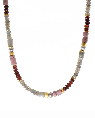 LABRADORITE, GARNET, RHODONITE & GREY PEARL NECKLACE 5MM FAIR TRADE 24K GOLD VERMEIL
