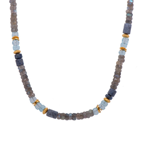 Dumortierite, Sky Blue Topaz, Labradorite Necklace 5mm 24K Fair Trade Gold Vermeil