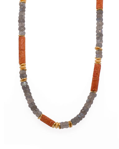 Labradorite and Coral Necklace 24k Fair Trade Gold Vermeil 5mm