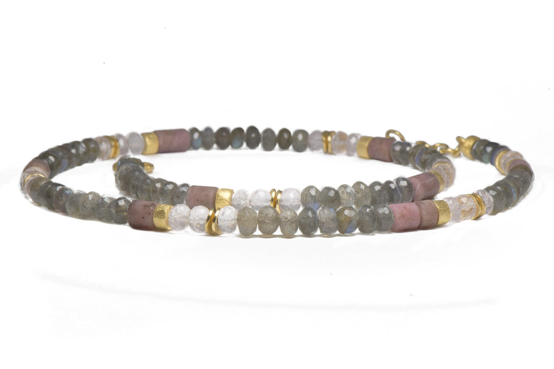 LABRADORITE, ROSE QUARTZ & RHODONITE NECKLACE 5MM FAIR TRADE 24K GOLD VERMEIL - Joyla Jewelry