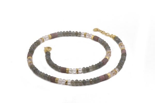 LABRADORITE, ROSE QUARTZ & RHODONITE NECKLACE 5MM FAIR TRADE 24K GOLD VERMEIL - Joyla Jewelry