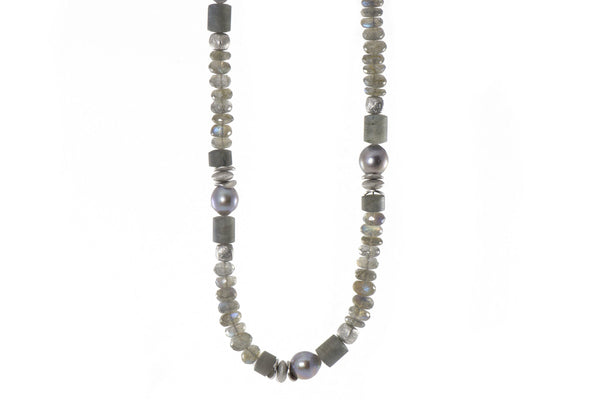 LABRADORITE SR GREY PEARL NECKLACE 8MM RHODIUM PLATED SILVER - Joyla Jewelry