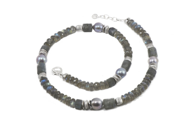 LABRADORITE SR GREY PEARL NECKLACE 8MM RHODIUM PLATED SILVER - Joyla Jewelry