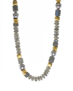 Labradorite and Grey Pearl Necklace 8mm 24K Fair Trade Gold Vermeil