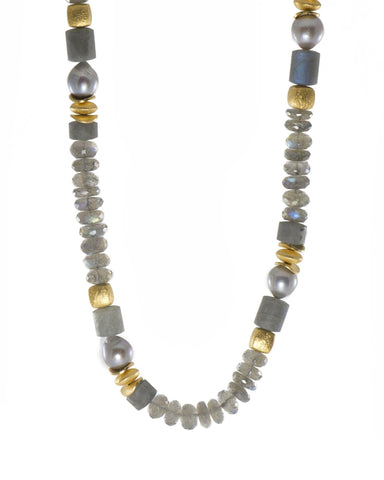 Labradorite and Grey Pearl Necklace 8mm 24K Fair Trade Gold Vermeil