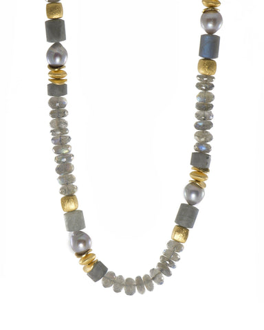 Labradorite and Grey Pearl Necklace 8MM 24K Fair Trade Gold Vermeil