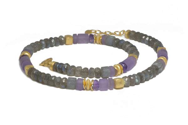 LABRADORITE & AMETHYST 8MM NECKLACE FAIR TRADE 24K GOLD VERMEIL - Joyla Jewelry