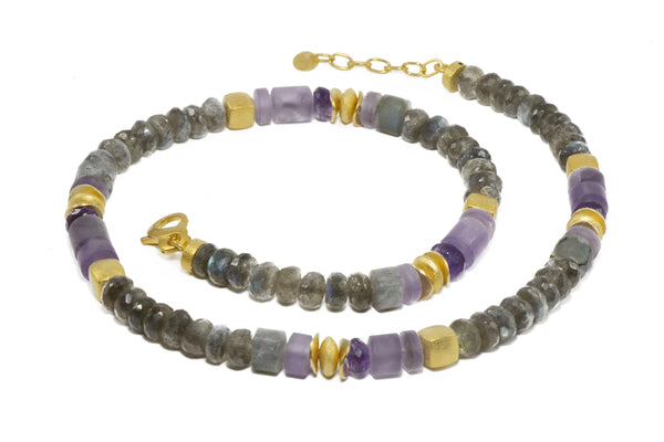 LABRADORITE & AMETHYST 8MM NECKLACE FAIR TRADE 24K GOLD VERMEIL - Joyla Jewelry