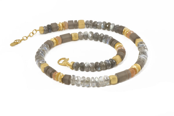 LABRADORITE, MOONSTONE & SMOKY QUARTZ 8MM NECKLACE FAIR TRADE 24K GOLD VERMEIL - Joyla Jewelry