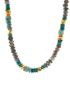 LABRADORITE, TURQUOISE & CHRYSOCOLLA 8MM NECKLACE FAIR TRADE 24K GOLD VERMEIL